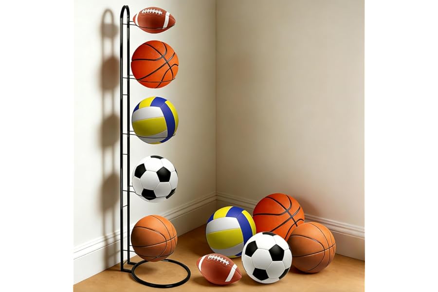 SUPRBIRD 5 Tier black Vertical Ball Holder,Ball Storage Rack,basketball hoop,Vertical Sports Ball Organiser,Removable Metal Football Stand for Soccer, Basketball, Volleyball