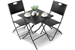 LIFERUN Zestaw mebli balkonowych Bistro, meble balkonowe, zestaw mebli rattanowych, zestaw 3-częściowy, składany stół balkonowy z 2 składanymi krzesłami, czarny zestaw mebli balkonowych, meble