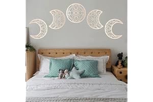 ZWPARTS Decorazione da Parete con Fase Lunare, Adesivo da Parete 5 Fasi Lunari Vuote, Decorazione Murale in Legno, Fasi Lunari da Appendere alla Parete per la Casa Camera (Legna)