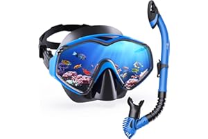 Dorlle Dry Snorkel Set Adults, Tempered Glass Snorkel Mask Anti-Fog Panoramic Wide View Mask and Anti-Leak Premium Dry Snorkel Tube for Youth and Adults