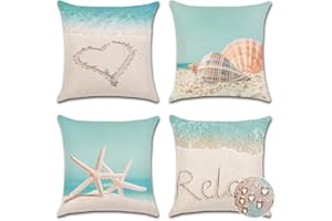 JOTOM Set of 4 Outdoor Waterproof Cushion Covers 45x45 cm Premium Water Resistant Starfish Shell Decorative Throw Pillow Covers Garden Cushion Cover Case for Outside Bench Sofa Furniture (Beach)