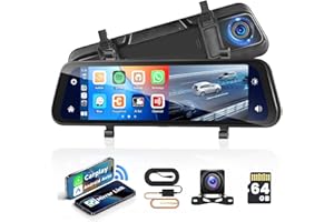 HIKITY 9.66'' Dashcam Cámara de Coche con Cámara Trasera con Carplay Android Auto, Control por Voz GPS Grabación en Bucle G-Sensor Monitor de Aparcamiento Super Visión Nocturna +Tarjeta SD 32G