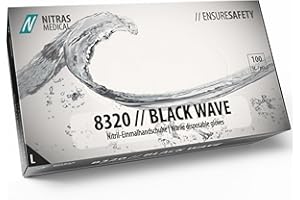 NITRAS MEDICAL Nitras 8320 Black Wave Non-Sterile, Medical, Food-Safe Nitrile Disposable Gloves, Powder-Free & Latex-Free, Pack of 100 in Dispenser Box, Size L