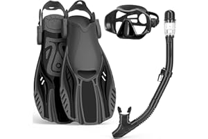 OTOWAVING Snorkel Set Adults with Flippers,Snorkel Mask with Adjustable Swim Fins,Dry Snorkel,Panoramic View Swimming Goggles Snorkelling Packages,Snorkeling Gear for Snorkeling Scuba Diving Swimming Travel