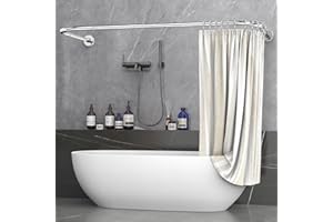 Misounda Asta per Tenda da Doccia a forma di U/L 75×(150-190)×75 cm, Bastone Doccia Angolare per Vasca da Bagno, Senza Supporto a Soffitto, inclusi 24 Anelli Acciaio Inossidabile, Lucidatura Fine