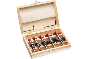 HPMAISON HSS Forstner Drill Bit, 5PCS 15-35mm Adjustable Positioning Drill Bit Set, Cemented Carbide Woodworking Hole Saw with Depth Stoper (Depth Range 10-40mm) Making Wood Hole Quickly & Precisely