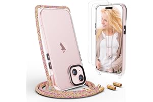 UYMO Funda con Cuerda para iPhone 15 6,1", Ajustable Collar Correa de Carcasa con Cordón, con 2 Protector de Pantalla,Case con Colgante Correa de Cuello Cadena, Arcoíris