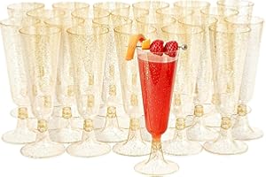 Matana - 24 Eleganti Flute da Champagne in Plastica con Glitter Oro, 150ml - Bicchieri da Brindisi Dorati Riutilizzabili e Resistenti per Cocktail, Dessert - Matrimoni, Compleanni, Feste