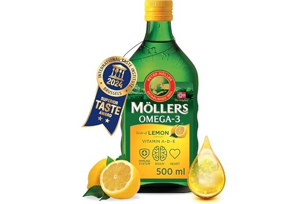 Moller’s ® | Huile de foie de morue oméga 3 | Compléments alimentaires oméga-3 avec EPA, DHA, vitamines A, D et E | Prix Superior Taste | Marque vieille de 166 ans | Citron | 500 ml