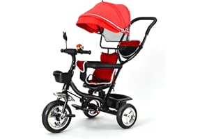 Homewell Dreirad mit Schubstange, Laufrad ab 1 Jahre, Kinderdreirad Kombiniert Trolley und Ride Funktionen, mit Faltbar, Abnehmbar Sonnendach und Pedal für Kinder unterschiedlichen (01, Rot)