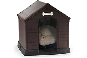 CURVER Caseta de Perro marrón grande, incluye cojín, cortina y etiqueta con nombre - Fabricada en resina 99Wx99LxH95 cm