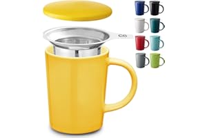 Cosumy Tazza di Ceramica con Filtro e Coperchio - 400ml Grande - Con Manico - Lavabile in Lavastoviglie - Per Tè e Infusi (Giallo Canarino)