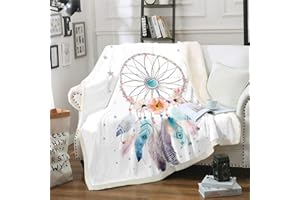 Loussiesd Traumfänger Flanell Fleecedecke 150x200cm Boho Traumfänger Kuscheldecke Böhmische Wohndecke für Mädchen Kinder Frauen Blumen Blumen Hippie Feder
