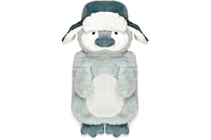 Olivia Rocco Novelty Animal Hot Water Bottle, Fluffy Hot Water Bottles with Cover for Kids Or Adults, 1L Natural Rubber Hot Water Bag for Long Lasting Heat (Penguin Trapper)