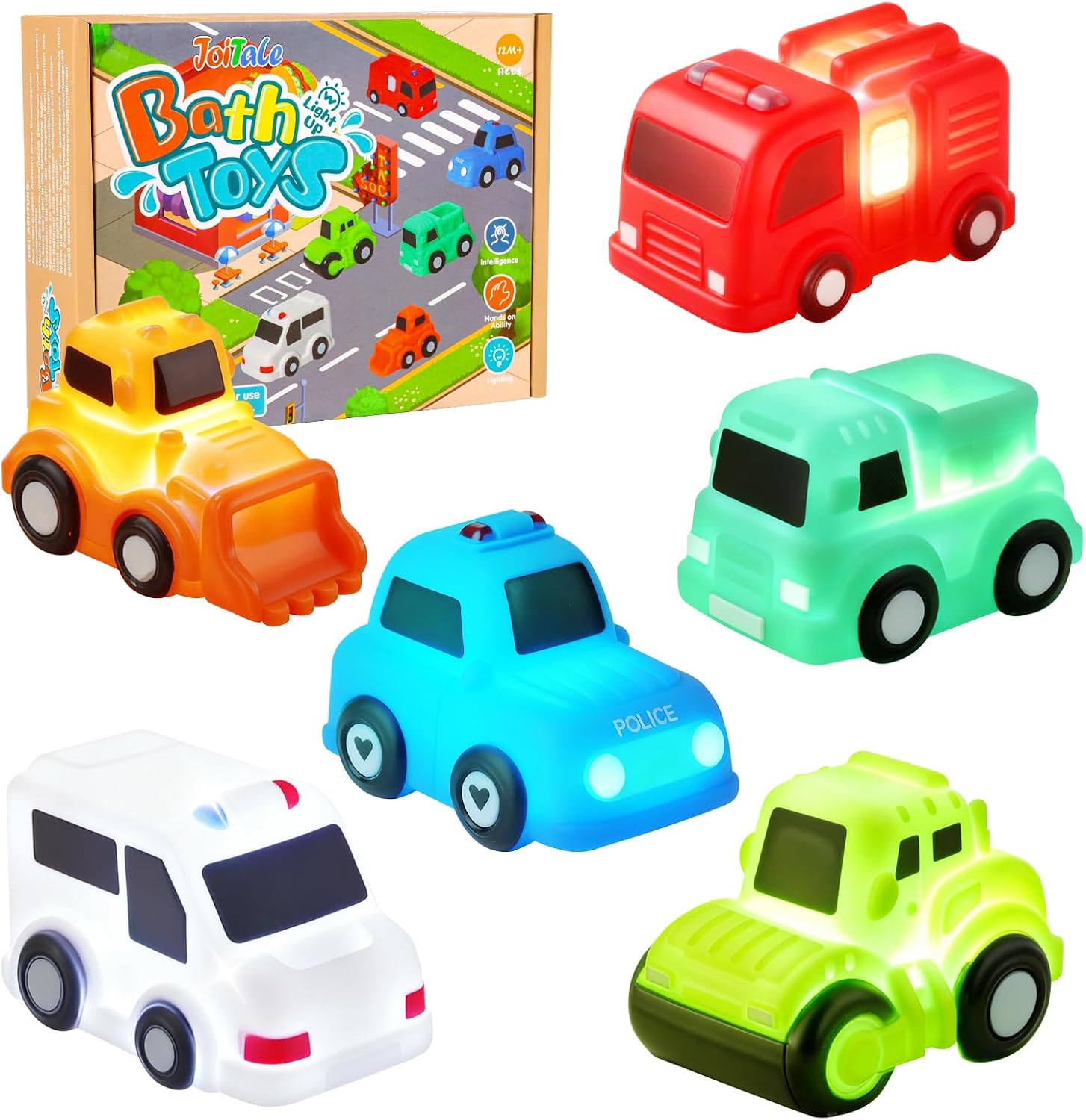 JoiTale Baby Bath Toys, 6 Pack Cars Light Up Bath Toys, No Hole No Mould Bathtub Toy for 1 2 3 Year Olds, Flashing LED Sensory Toy for Toddlers, Bath Time Shower Gifts for Boys and Girls
