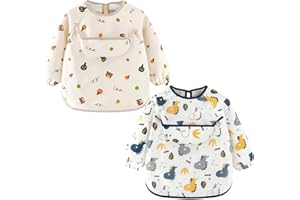 GRIPITI Baby Bibs with Long Sleeves 2 Pcs, Waterproof Weaning Bib with Large Pocket Unisex Machine Washable Adjustable Feeding Apron for Infant Toddler Painting 6 Months to 3 Years Old (Bear & Dinosaur)