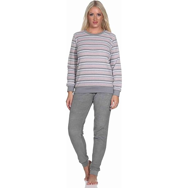 Damespyjama van badstof, lang, pyjama met manchetten en modieuze strepen, 59892, blauw, 44