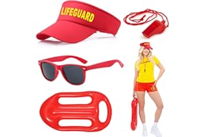 Tbczvx 4Pcs Lifeguard Accessories, Lifeguard Costume Red Set, Lifeguard Hat Guard Float Whistle Sunglasses, Lifeguard Costume Women & Men Fancy Dress Accessories for Adults Halloween Pool Party