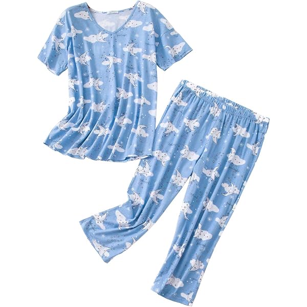 YIJIU Women's Summer Cartoon Print Pajama Set - Short Sleeve Top & Elastic Waist Pants, White, Medium