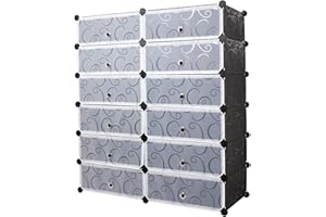 Meerveil Armoire à Chaussures Meuble de Rangement pour 24 Paires de Chaussures 12 Cube Etagère à Chaussures Etagère de Rangement en Plastique 91 * 36 * 105cm Noire et Blanc Imprimée