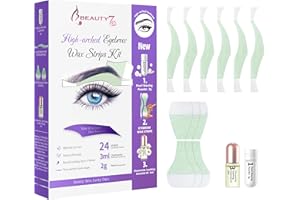 Beauty7 Eyebrow Waxing Strips, High-arched Form Eyebrow Strips Pre-cut for Face, Quick Hair Removal Facial with 24 Waxing Strips + 3ml Soothing Oil After Wax, 2g Pearl Powder