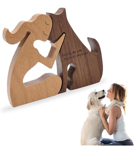 Statue In Legno Uomo E Cane - Scultura Handmade, Per Decorazione Casa O Ufficio