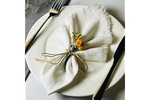 Dololoo Handmade Cloth Napkins, Cotton Linen Cloth Napkins with Fringe, Versatile Handmade Square Rustic Fringe Napkins for Dinner, Wedding and Parties, 45 x 45 CM Set of 12, White