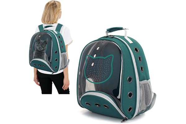 PETCUTE Sac à Dos de Transport pour Chat,Respirant Sac à Dos Chat pour Animal Domestique Jusqu'à 7kg,Sac à Bulles Portable et Spacieux avec Laisse de Sécurité Intérieure pour Voyage Vert foncé