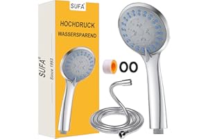 SUFA Duschkopf Hochdruck wassersparend Handbrause mit Antikalk-Funktion 3 Strahlarten und 1.5 M Schlauch