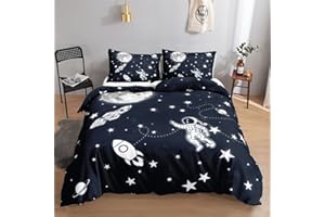 HOSIMA Weltraum-Astronauten-Bettwäsche-Set für Jungen, Mädchen, Kinder, Universum, Raumschiff, Cartoon, Mond- und Sternendruck, Bettbezug mit 2 Kissenbezügen (Astronaut S)