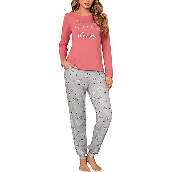 Aseniza 2-delige dames pyjama set met lange mouwen en ronde hals, katoen, winternachtkleding met karo-patroon, blauw, XL