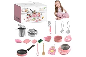 YSINOBEAR 22Pcs Children's Cooking Mini Kitchen Toys,Kids Kitchen Set, Food-Grade Stainless Steel Kids Cooking Sets,Kids Real easy Bake Cook Set, Cooking Play Pots,Pans,Accessories,Tool (Pink)