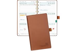 POPRUN Agenda De poche 2025 2026 Semainier 16,5 x 9 cm D'Août 2025 à Déc 2026 - Petit Planner Scolaire 17 Mois avec Couverture Souple Spirale, Fente Pour Carte, Papier 80g/m², Marron