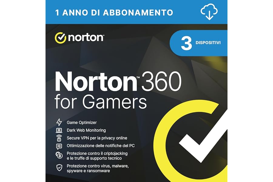 Norton 360 for Gamers 2025| Antivirus per 3 Dispositivi | Licenza di 1 anno | PC o Mac | Codice di attivazione via email