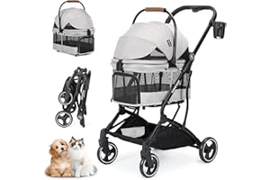 Beberoad T3 3-in-1 Pet Stroller Dog Pram for Small Medium Dogs Cats Under 44lbs, Foldable Pet Pram Dog Pushchair Detachable Carrier with Pad and Cup Holder, Grey