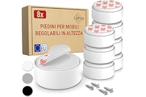 LouMaxx Piedini per mobili regolabili in altezza – piedini per mobili Ø 53,5 mm in plastica da incollare o avvitare – Set di piedini scorrevoli in (Bianco, 8, Pezzi)