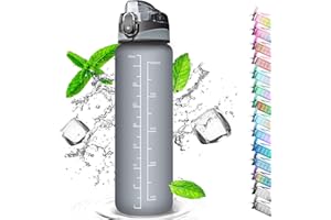 Auckpure Gourde Sport 1 Litre, Bouteille d'eau Avec Paille, avec ​Traqueur de Marqueur, Ouvrir en un Clic, Convient Pour la Gym, le Yoga, le Camping, le Cyclisme et la Vie de Famille (Gris)