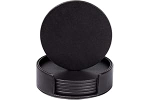 Homcomodar Dessous de Verre en Cuir Noir Lot de 6 avec Titulaire pour Boire du Verre Famille Dessous de Verre Ensemble