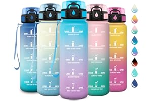 KOLLYKOLLA Cantimplora 1L, Botella de Agua con Marcador de Tiempo, Botella con Filtro, Botellas Deportiva Antiderrame Reutilizable, Botellas sin BPA para Niños, Running, Cámping, Oficina, Bicicleta, Fitness