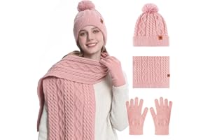 Oneshlee Berretto invernale con touch screen e sciarpa lunga per donna, berretto lavorato a maglia da donna, con palla di peluche, caldo berretto invernale, guanti a maglia, sciarpa, berretto 3 in 1,