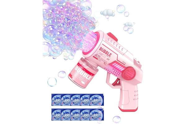 Pistolet à Bulles, Machine Portable à Bulles de Savon pour Enfants - 10000+ Bulles/Min, 10 Trous, Effets LED, léger et Silencieux - Cadeau Mignon et Amusant avec Design écologique et sûr. (Rose)