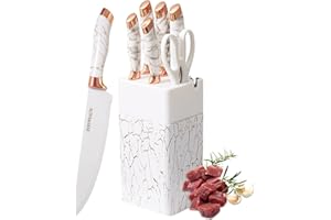 lapelux Kitchen Knife Set - 6 Piece Knife Set with Block .Stainless Steel Knivese with Chef, Bread Knife, Kitchen Scissors for Cutting Meat/Vegetables/Fruit.（White）