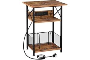 AMHANCIBLE Record Player Stand with Charging Station, 3-Tier Bedside Table with Extra-Large Desktop and Storage Cabinet, Vinyl Record Stand Hold Up to 100 Albums for Living Room, Brown HETCD012BR-1