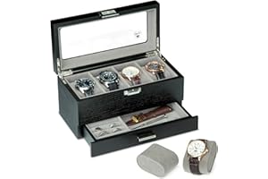 Slege Porta Orologi in Legno a 4 Posti,Fatto Mano Scatola Portaorologi a 2 Livelli,Elegante Scatola per Orologi,Coperchio in Vetro,con Cuscinetti,Scatola Porta Orologi Uomo e Donna,Idea Regalo,Nero