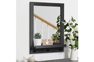 AOAOPQ Wall Mirror Rectangular Wood Hanging Mirror with Shelf and Hooks Rustic Point Grey Wooden for Living Room Bedroom Entrance Hallway Farmhouse Frame Mirror