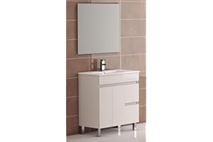 EL ALMACEN DEL PROFESIONAL Juego de Mueble de Baño Modelo Egipto Porcelana, Conjunto formado por Mueble de Baño Estilo Madera Color Lacado en Blanco Ancho 80cm, Lavabo de Porcelana y Espejo a Juego
