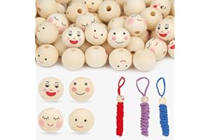ROYUEXT 120 Stück Holzperlen mit Gesicht, Lächelndes Gesicht Kopf Perlen 20 mm mit Loch für Crafting Sorgenwürmchen, Natürliche Rund Perlen umfassen 4 Stile
