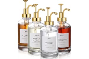 MHDCLY Coffee Syrup Dispenser, Syrup Dispenser, Coffee Bar Accessories, Set of 4 Syrup Dispensers 500ml Glass Bottles, Elegant Pumps and 24 Labels and Funnel & Pump, Syrup Pump, Gold