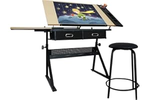 MIADOMODO® Tavolo da Disegno - Piano Inclinabile, Altezza Regolabile, con 2 Cassetti e Sgabello, Artistico, da Architetto - Scrivania da Disegno Tecnico