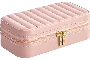 SONGMICS HOME ANAH Colección - Joyero de Viaje, Estuche Pequeño para Joyas con Espejo, 10,5 x 20,5 x 6 cm, Superficie PU con Costuras, Portátil, Cremalleras, Idea de Regalo, Rosa Jalea JBC180S01